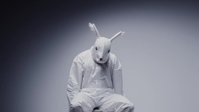 Madness and mental illness concept. Scary, crazy person in animal mask tied in a white room. Nightmare, psychosis. Paranoia and depression concept, isolated madman.