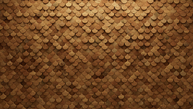 Wood Block Wall background. Mosaic Wallpaper with Light and Dark Timber Fish Scale tile pattern. 3D Render 