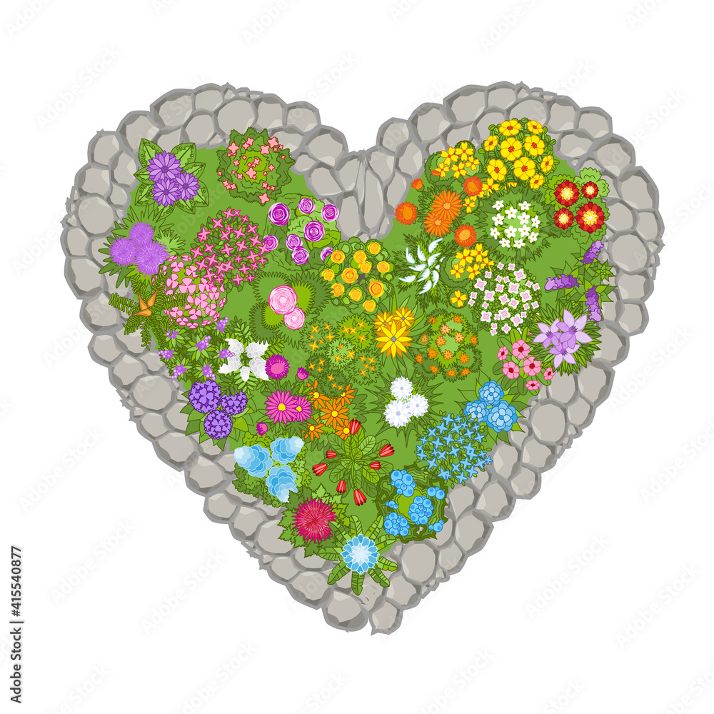 Wall mural vector illustration. flowerbed in the shape of a heart. top view.