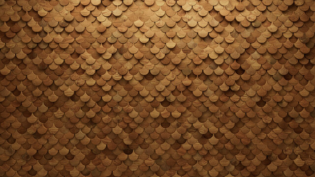Wood Block Wall background. Mosaic Wallpaper with Light and Dark Timber Fish Scale tile pattern. 3D Render 