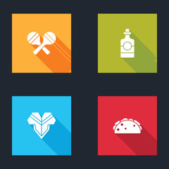 Set Maracas, Tequila bottle, Poncho and Taco with tortilla icon. Vector.