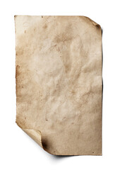 Old sheet of paper with curled edges isolated on white