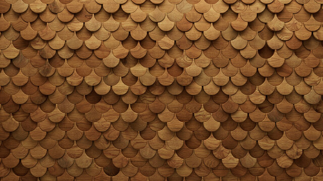 Wood Block Wall background. Mosaic Wallpaper with Light and Dark Timber Fish Scale tile pattern. 3D Render 