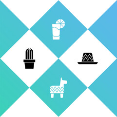 Set Cactus or succulent in pot, Pinata, Tequila glass with lemon and Mexican sombrero icon. Vector.