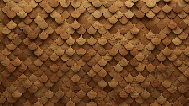 Wood Block Wall background. Mosaic Wallpaper with Light and Dark Timber Fish Scale tile pattern. 3D Render 