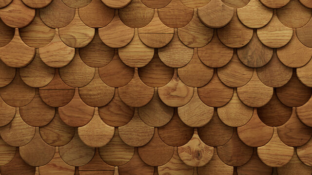 Wood Block Wall background. Mosaic Wallpaper with Light and Dark Timber Fish Scale tile pattern. 3D Render 