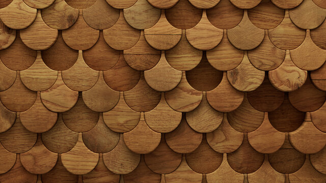 Wood Block Wall background. Mosaic Wallpaper with Light and Dark Timber Fish Scale tile pattern. 3D Render 