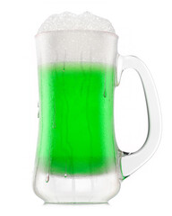 Frosty glass of draft green beer with bubble froth isolated on white background.
