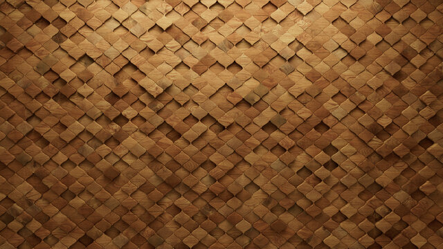 Wood Block Wall background. Mosaic Wallpaper with Light and Dark Timber Arabesque tile pattern. 3D Render 