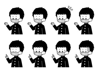 マスクをしている男子学生の表情セット-白黒