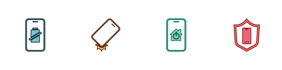 Set Smartphone battery charge, Shockproof, Mobile with smart home and shield icon. Vector.