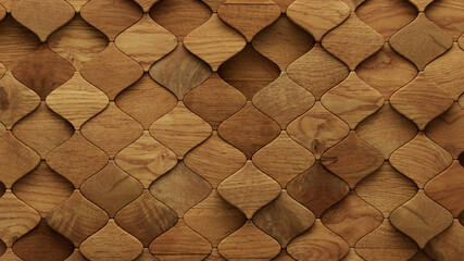 Wood Block Wall background. Mosaic Wallpaper with Light and Dark Timber Arabesque tile pattern. 3D Render 