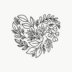 Drawn decorative plant heart. Sketch of a heart shape made from leaves, branches are drawn with a line inks. Heart pattern
