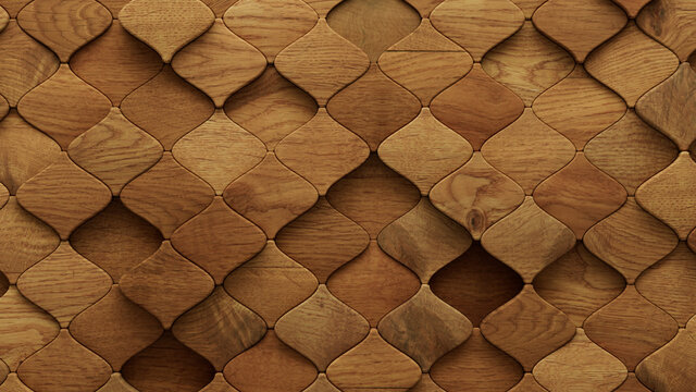 Wood Block Wall background. Mosaic Wallpaper with Light and Dark Timber Arabesque tile pattern. 3D Render 