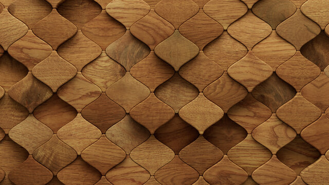 Wood Block Wall background. Mosaic Wallpaper with Light and Dark Timber Arabesque tile pattern. 3D Render 