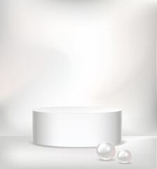 Realistic vector cylindric podium for your product design. Template contains one empty stage, light effects and pearls