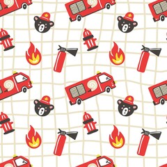 Firefighter seamless pattern. Fire truck with ladder extinguisher and hose. Hand drawn cartoon trendy scandinavian childish doodle cars. Decor textile, wrapping paper wallpaper vector print or fabric © Mariya