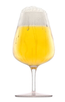 Frosty glass of fresh light beer with bubble froth isolated on white background.