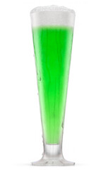 Frosty glass of draft green beer with bubble froth isolated on white background.