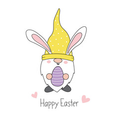 Easter Gnome, Easter Bunny gnome with rabbit ears. Happy Easter. Cartoon style. Hand-drawn vector illustration. Isolated on white. Good for t shirts, postcards.