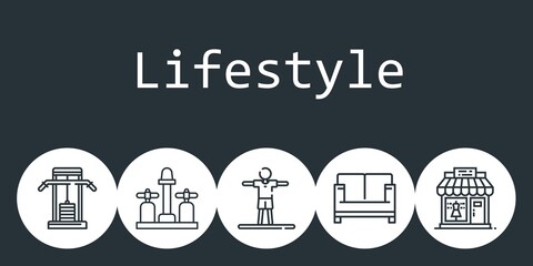 lifestyle background concept with lifestyle icons. Icons related gym station, clothing shop, sofa, sink, stretching