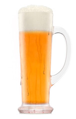 Frosty glass of fresh light beer with bubble froth isolated on white background.