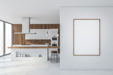 Mockup frame in wooden and white kitchen table and kitchen set near window