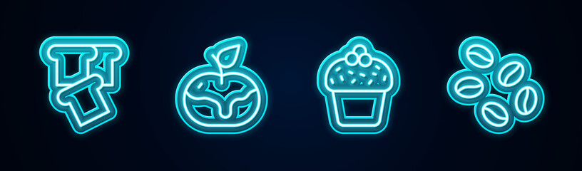 Set line Bread toast, Apple in caramel, Cake and Coffee beans. Glowing neon icon. Vector.