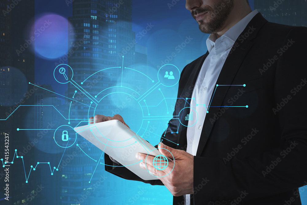 Poster man with tablet double exposure with network hologram