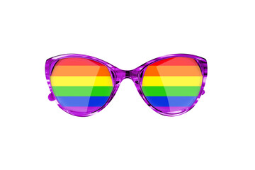 Sunglasses LGBTQ community flag color white background isolated close up, fashion glasses rainbow...