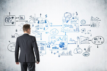 Man looking at business strategy and planning mind map drawn on