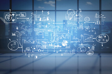Stylish business strategy or plan mind map sketch over blurry panoramic office background