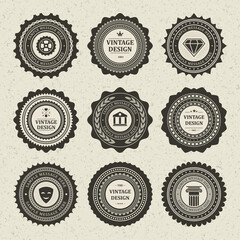 Shabby vintage emblems vector stickers. Crumpled smiley mask symbol with antique pillar and temple decoration sparkling diamond logo.