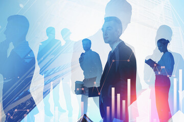 Silhouettes of diverse business people with devices, double exposure with graphs