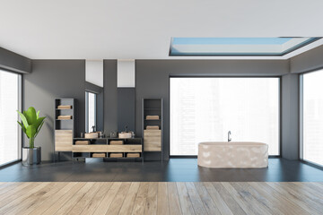 Black and wooden bathroom with bathtub and two sinks near window