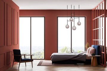 Peach living room with bed and linens, armchair on parquet floor and window