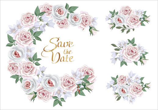  Collection of  floral borders and compositions with wedding flowers. Template for Invitation or greeting card