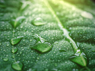 Detailed of, Green leaf with water droplets with sunshine morning (Macro shot), Used as background or wallpaper that convey freshness and purity in rainy season.