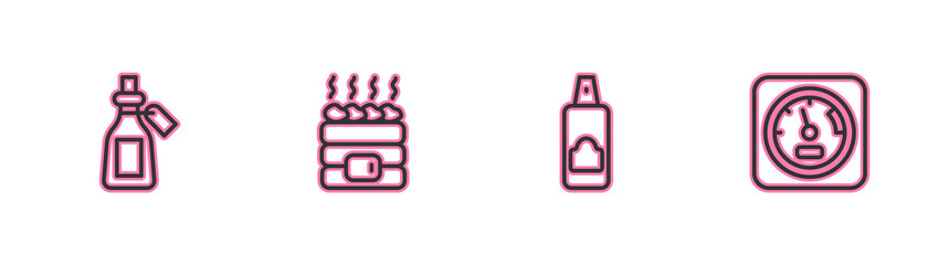 Set line Essential oil bottle, Spray can for hairspray, Hot sauna stones and Sauna thermometer icon. Vector.