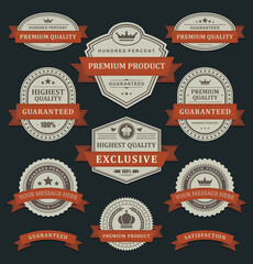 Premium products royal quality vector stickers. Faded old paper label in orange twisted ribbon ornament.