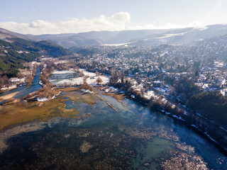 Aerial winter view of Pancharevo lake, Bulgaria