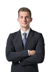 Confident young European businessman with crossed arms, isolated