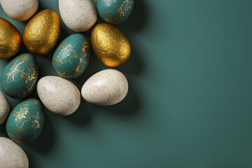 Fototapeta na wymiar Coloured eggs in foil on a green background