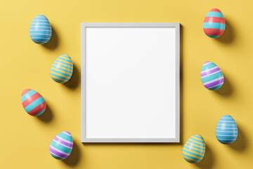 Mockup frame poster with coloured eggs