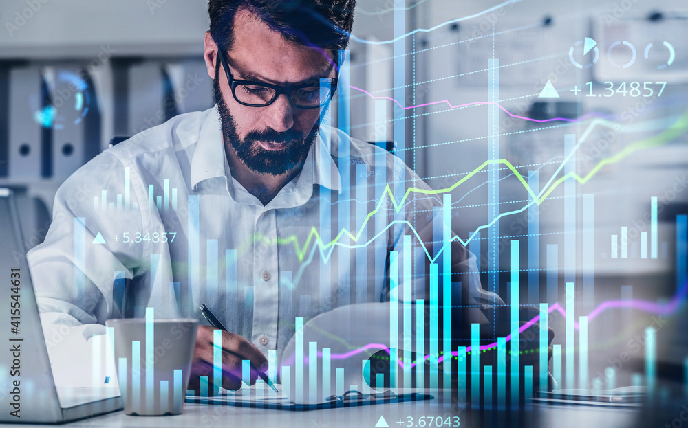 Poster businessman or stock trader analyzing stock graph chart to make right investment decision for his cl
