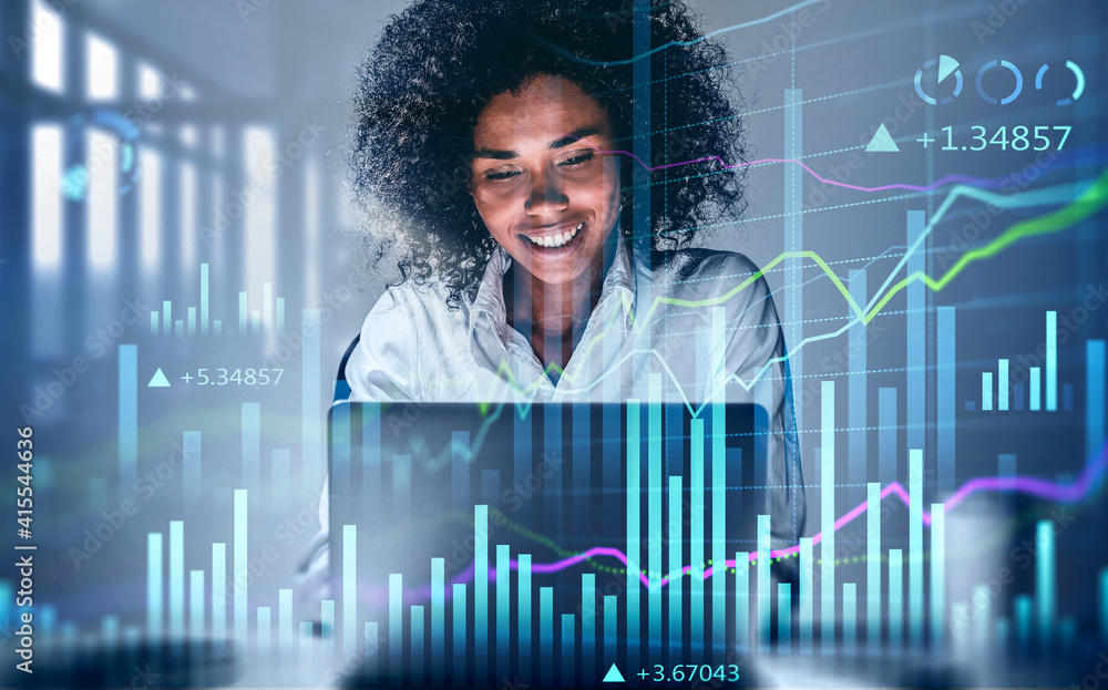 Poster attractive smiling african american business woman or stock trader analyzing stock graph chart using