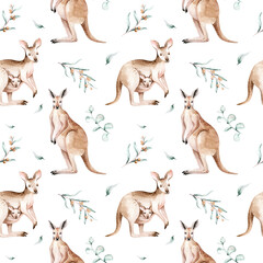 Watercolor australian cartoon kangaroo seamless pattern. Australian kangaroos set kids illustration. Nursery wallpaper art