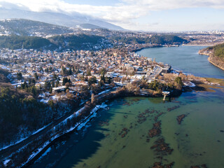 Aerial winter view of Pancharevo lake, Bulgaria