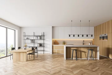 Foto op Aluminium Wooden kitchen room with dining table and chairs, parquet floor © ImageFlow