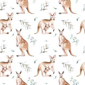 Watercolor australian cartoon kangaroo seamless pattern. Australian kangaroos set kids illustration. Nursery wallpaper art